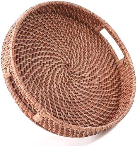 HITOMEN 11.8" Hand-Woven Round Rattan Serving Tray Decorative Wicker Trays with Handles for Coffee Table (Honey Brown-M) by HITOMEN