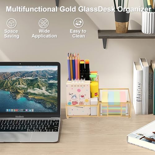 Desk Organizer with 3-Compartments,Glass Small Desk Organizer for Pens Pencils Business Cards Sticky Notes Paper Clips,Gold Stylish Pen Holder for Desk Home Office Decor - Image 7