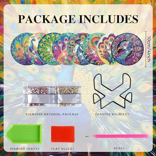 Demonwer 8 Pcs Diamond Art Painting Coasters Kits Cute Peacocks Diamond Art Coasters with Holder DIY Diamond Animal Coaster for Beginner Adults Home Table Craft Gift Supplies - Image 2