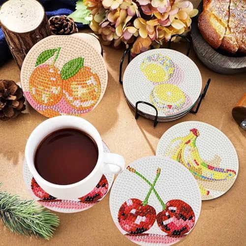 TCDZMYGS 8 Pcs Diamond Art Coasters Kit, Disco Fruit Diamond Painting Coasters Kits for Adults, 5D Full Drill Diamond Dot Gem Art Craft Kit with Holder, Fun DIY Non Slip Coaster for Home Decor - Image 2