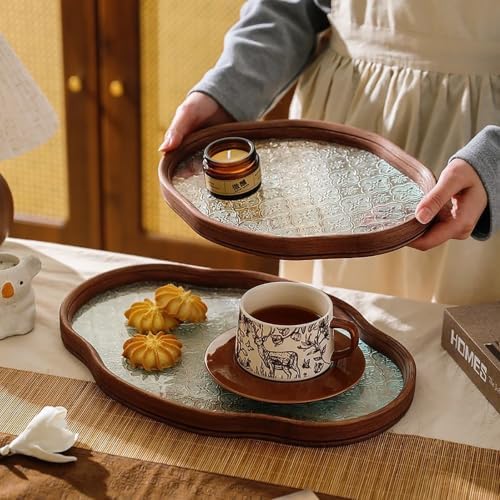 Glass Decorative Serving Tray with Crabapple Pattern, Wood Decorative Tray for Coffee Table, Kitchen, Vanity, Bathroom, or Ottoman，Perfect for Bread Food Fruit Display & Storage - Image 2