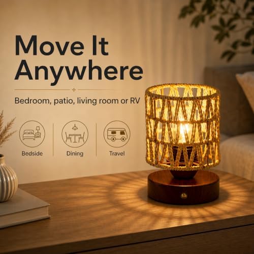 Cordless Operated Rattan Lamp, 5000mAh Rechargeable Dimmable Handwoven Open Weave Drum Table Lamp with Edison Bulb, Boho Nightstand Light for Bedroom Home Decor - Image 6
