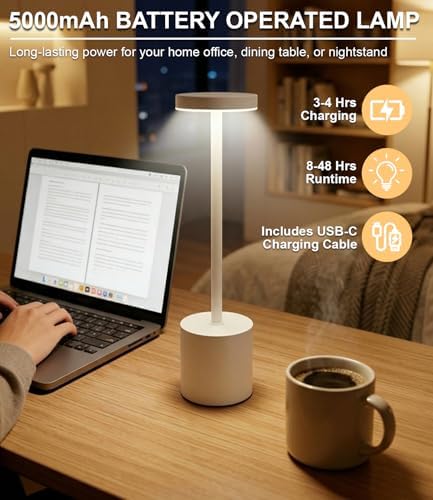 Swinerton White Rechargeable Cordless Table Lamps Set, 5000mAh Battery Powered Wireless Table Light, Portable LED Desk Lamp, 3 Color Dimmable Lighting for Restaurant Dining Patio Outdoor Bedroom - Image 2