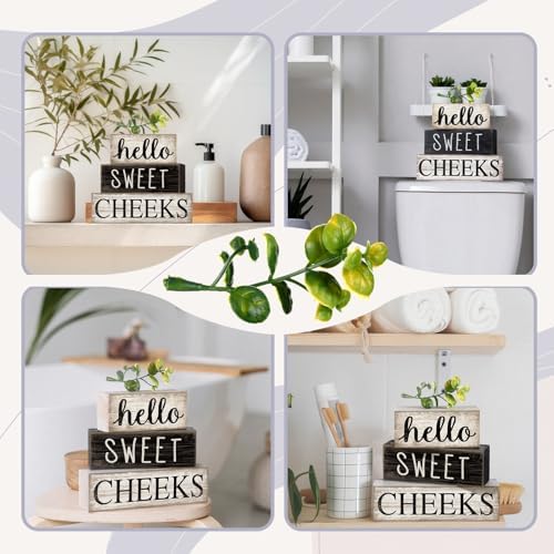 Moucuny 4 Pcs Bathroom Shelf Decor Hello Sweet Cheeks Sign Farmhouse Decor - Image 5