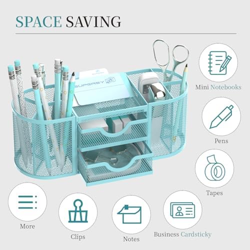 SUPEASY Mesh Desk Organizer, Pen Holder for Desk with 2 Drawers, Blue - Image 4