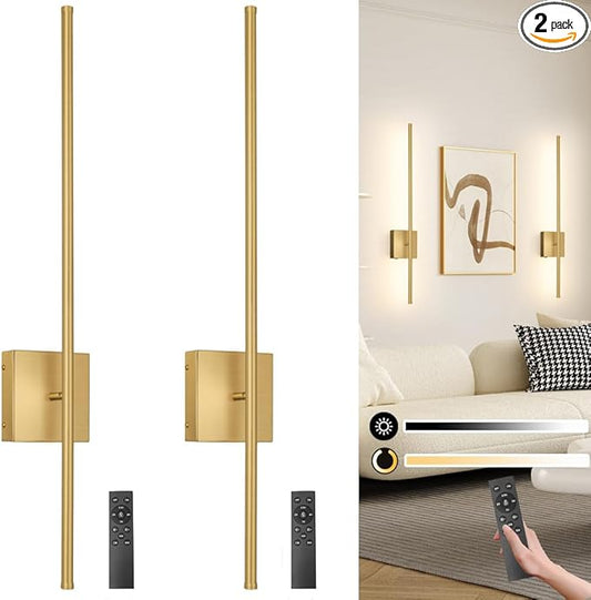 15000mAh Battery Operated Wall Sconce Set of 2, Brass USB Rechargeable Wall Sconces, Dimmable Gold Cordless Wall Sconces with Remote Control, LED Wireless Wall Light Lighting Time 24-120 Hours