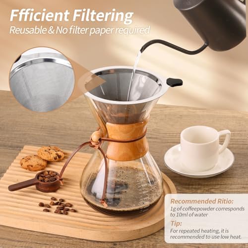 Pour Over Coffee Maker 34 OZ, 10 Cup Borosilicate Glass Drip Coffee Maker with Reusable Stainless Steel Filter and Cork Grip for Home Café 1000 ML - Image 3
