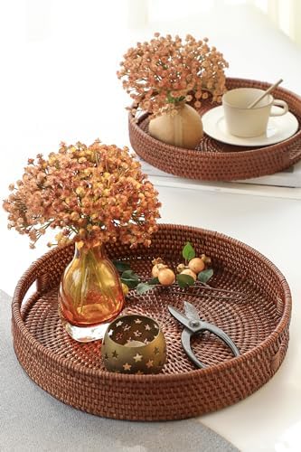 HITOMEN 14.2" Hand-Woven Round Rattan Serving Tray Decorative Ottoman Wicker Platter with Handles for Coffee Table, Breakfast, Drinks, Snack, Bread, Fruit, Vegetables (Brown - L) - Image 2