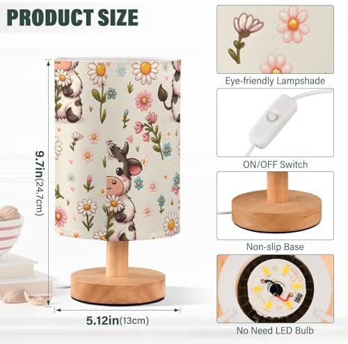ALAZA Cow Daisy Farm Animal Lamp for Girls Boys Bedroom Bedside Table Lamp with USB Port LED Kids Nightstand Lamp Wood Base Desk Living Room Decor - Image 3