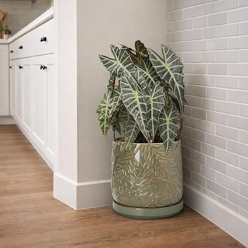 D'vine Dev Embossed Leaves Ceramic Planter, 10 in, Olive, 27-A-P-0 - Image 6