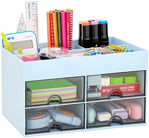 LETURE Office Desktop Organizer with Drawer, Stationary Organizer Desk Caddy, Pen/Pencil/Business Card/Sticky Note Tray/Paperclip Holder Storage Box (Blue) by LETURE
