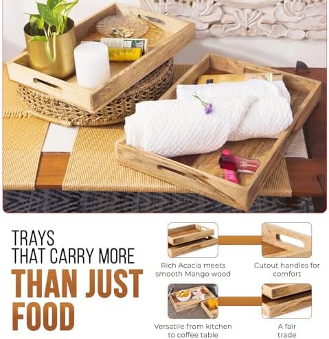 Mela Artisans Mango Wood Serving Tray Set - Natural Finish, 15" and 13" - Image 4