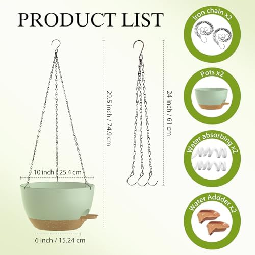 10 Inch Hanging Baskets 2 PC with Chains, Self-Watering Hanging Planters for Indoor Outdoor Plants, Plastic Hanging Flower Pots,Green Brown - Image 2