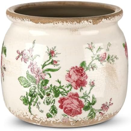 Vintage Planter Large Ceramic Plants Pot Beige Pink French Rose by Unknown