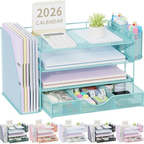 gianotter Desk Organizers and Accessories with File Holder, 4-Tier Desk Accessories & Workspace Organizers with Drawer and 2 Pen Holder, Paper Organizer for Office Supplies (Blue) by gianotter