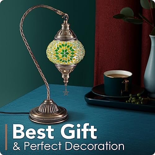 Yarra-Decor Turkish Moroccan Lamp with Bronze Base 3 Color Options Handmade Swan Neck Mosaic Glass Bedside Lamps for Bedroom (LED Bulb Included)(Green2) - Image 3