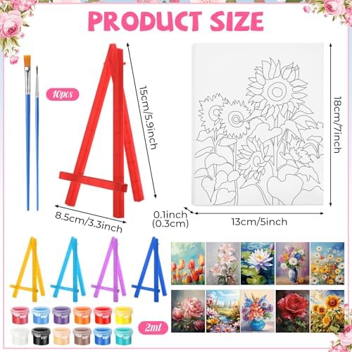 Blosssound 10 Set Pre Printed Canvas Pre Drawn Canvas Painting with Easel Kits 5" x 7" Outline Painting Panels for Beginners, DIY Craft Project, Party Favor, Home Decors(Flower) - Image 2
