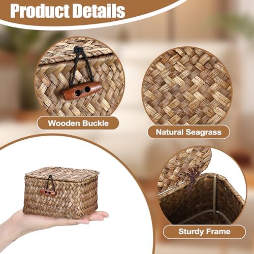 Hipiwe Handwoven Seagrass Basket Bin Small Decorative Shelf Basket Boxes with Lid Wicker Storage Baskets Bins Multipurpose Table Organizer for Key Home Decor, 4.7"L x 4.7"W x 3"H - Image 6