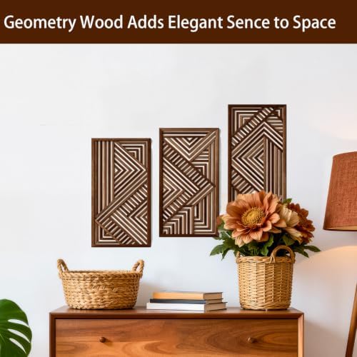 Fajarshine Geometric Wooden Wall Art Set of 3 - Modern Abstract Wood Wall Decor, Rustic Farmhouse Wall Sculptures for Living Room, Bedroom, Office - Natural Acacia Wood - Image 5