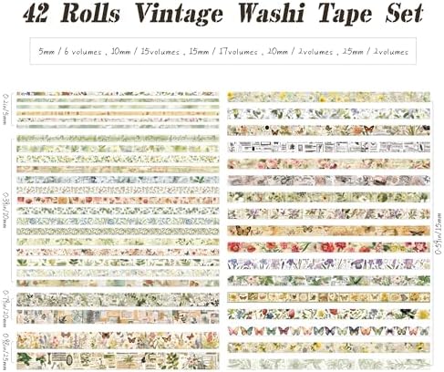 42 Rolls Vintage Washi Tape Set, Delicate Butterfly & Lush Floral Botanical Themed Writable Decorative Tapes with Retro Elements for Scrapbooking, Junk Journal Supplies, Bullet Journaling 5-25mm Wide - Image 2