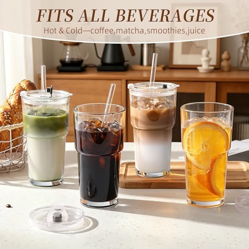 Iced Coffee Cups with Lids: Coffee Bar Accessories - Tumbler Leak Proof for To Go Iced Coffee Cup with Lid 4Pack - 20 oz Glass Cup with Lid and Straws - Thickened Glass Tumbler with Straw and Lid600ml - Image 4