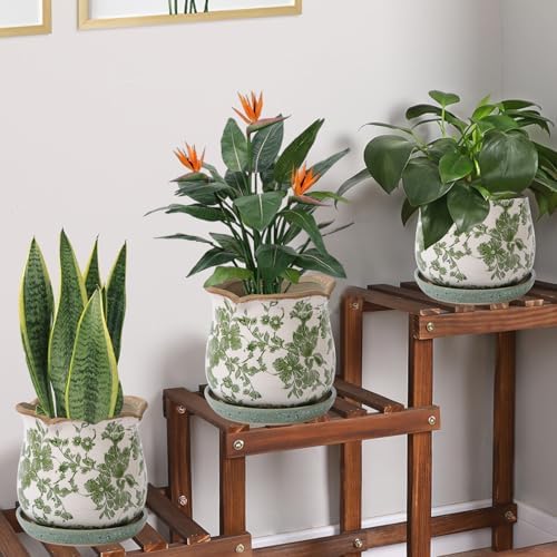 Ceramic-Planters-for-Indoor-Plants with Saucer, 6 inch Vintage Ice Crack Glaze Plant Pots with Drainage Holes, Decorative Flower Pots for Outdoor Garden Home Decor, Tuscan Pot for Plant - Image 2