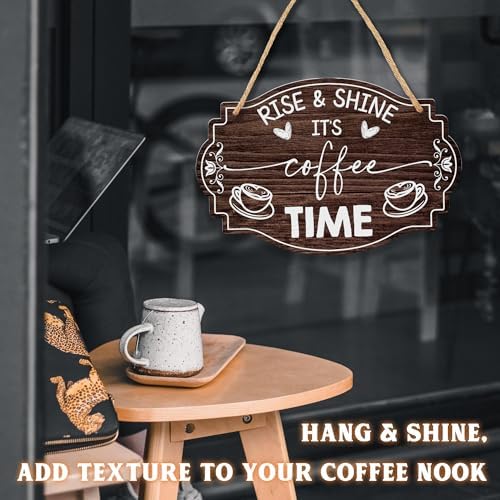 Coffee Bar Sign, Rise & Shine It's Coffee Time, 8 X 12 Inches Wooden Hanging Sign With A Hemp Rope, Kitchen Cafe Bar Station Door Decorations Wall Decor Accessories - Gifts For Friends Family - A06 - Image 5