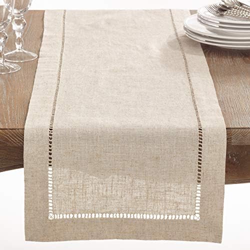 Saro Lifestyle Poly and Linen Blend Hemstitched Table Runner with Hemstitch Border, 16"x45", Natural - Image 2