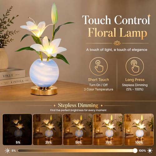 Lily Table Lamp, 3 Color Planet Night Light, Rechargeable Cordless Touch Dimming Artificial Flower Light, LED Flower Bedside Lamp Romantic Gifts for Girl Women Mom (White Lily) - Image 4