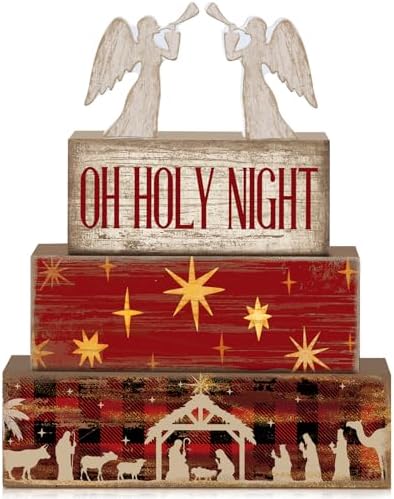 Moucuny 4 Pcs Christmas Table Decor, Oh Holy Night Wooden Sign by Moucuny