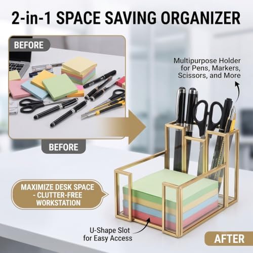 Gold Glass Sticky Note Holder with Pen Slot for 3x3 Inch Pads - Image 4