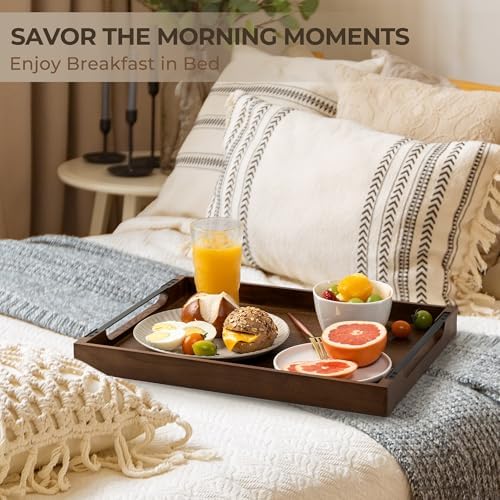 Axeman Wooden Serving Tray with Metal Handles|Ottoman Tray for Breakfast, Bed, Couch|17x13in Ash Wood Coffee Table Trays|Food Drinks Decorative Storage Boards for Ottoman Kitchen, Walnut - Image 2