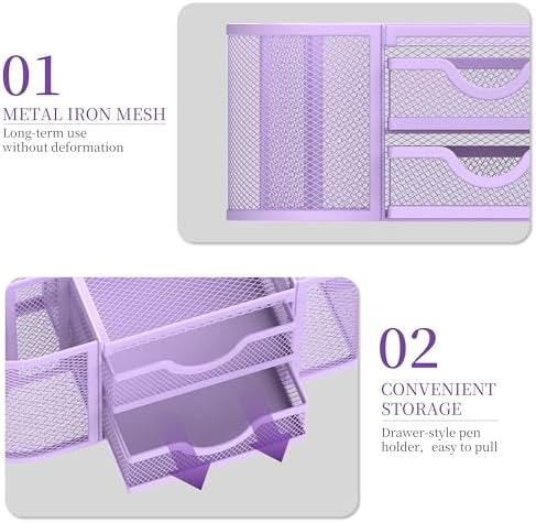 SUPEASY Mesh Desk Organizer, Pen Holder for Desk with 2 Drawers, Purple - Image 5