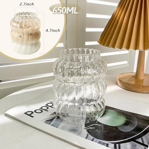 Ribbed Glassware Water Tumbler, Stripe Bubble Glasses Tumbler, Aesthetic Ripple Glass Tumbler,Cute Glass Tumbler for Iced Coffee Juice Drink Milk Tea,Beer, Coctail (Big Stripes Mouth) - Image 2