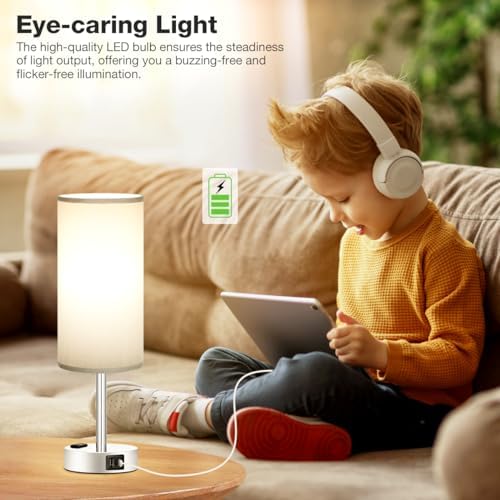 Fenmzee Grey Bedside Lamp for Bedroom, Dimmable Touch, USB A+C, AC Outlet - Image 4