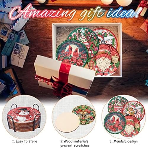 8 Pcs Christmas Diamond Art Painting Coasters Kits,Winter Snowman Coaster with Holder for Adults, Non-Slip DIY Dot Paint Craft Kits,5D Full Drill DIY Diamond Dot Gem Art Kit Home Decor Arts Craft - Image 5