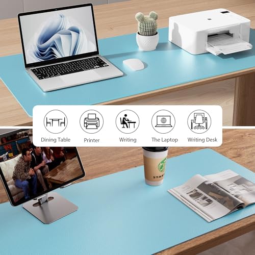 Aothia Faux Leather Desk Mat - Non-Slip PU Leather Desk Blotter, Waterproof Writing Surface, Large Desk Pad for Office & Home (Blue Topaz, 55" x 24") - Image 6