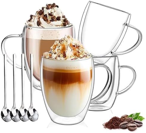 DINGPAI 4 Pack Double Wall Glass Coffee Mugs, 12oz Clear Coffee Cups by DINGPAI