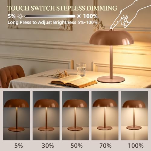 2 Pack Portable LED Mushroom Table Lamp, 12H Cordless Metal Night Light with Rechargeable Battery, Stepless Dimmable 3 Colors Desk Lamp for Bedroom Bar Coffee Shop(Camel) - Image 3