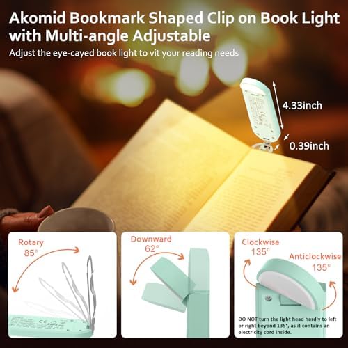 Akomid USB Rechargeable Book Light for Reading in Bed, 8 LEDs Bookmark Style Clip on, Eye-Cared Amber Light Mode for Kids, Blue Light Blocking, Stepless Dimming, Turquoise - Image 5