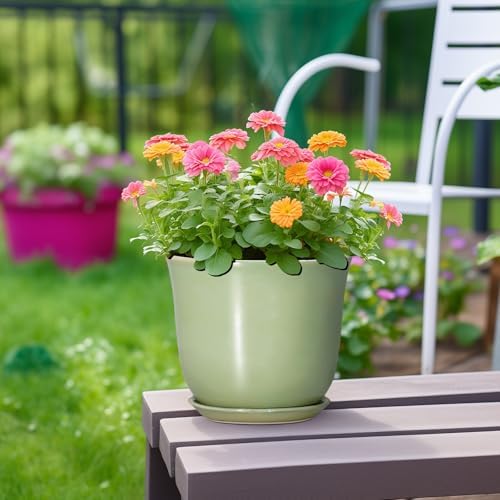 Ceramic Flower Pots - 8 Inch Plant Pot Drainage Hole and Saucer, Round Plant Pot with for Indoor Outdoor, Modern Planter, Decorative Planter, Home Porch Room Decor, Housewarming Gift, Green - Image 4