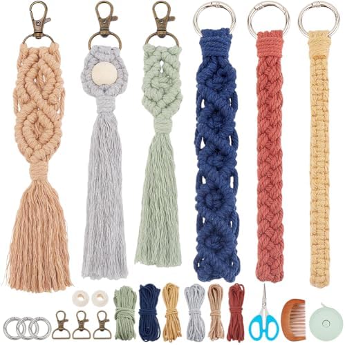 INFUNLY 6 Set DIY Macrame Boho Keychain Kits Cotton Macrame Keychain Kit for Women Charm Gift Handcrafted Aesthetic Tassel Macrame Keychain for Strap Phone Bags Macrame Adults Beginners by INFUNLY