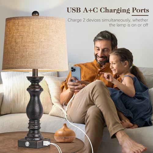 24.5" Table Lamp Set of 2, Rustic Farmhouse Bedside Lamps with USB A+C Charging Ports, 3-Way Dimmable Touch Control Nightstand Lamps for Living Room Bedroom, Antique Black, LED Bulbs Included - Image 4