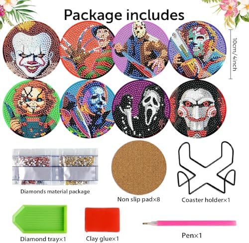 8 Pcs Horror Diamond Art Coasters Kits, Diamond Painting Coasters Kits ﻿ ﻿ - Image 4