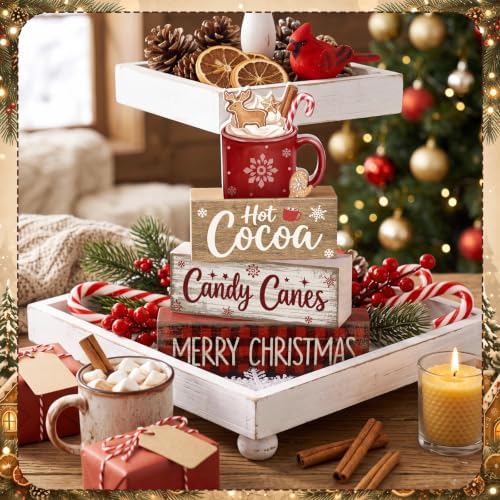 Moucuny 4 Pcs Christmas Table Decorations Wooden Hot Chocolate Cocoa Stacked Wooden Blocks Christmas Tiered Tray Decor with Cocoa Mug, Candy Canes Winter Centerpiece for Home Offiece Coffee Bar - Image 5
