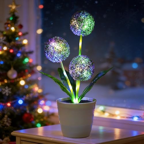 Artificial Purple Allium Flower Lamp, Color Changing LED Light with White Pot, Battery Powered for Bedroom Wedding Christmas, Gifts for Women Mom Grandma Girlfriend on Birthday Christmas Valentines by Hibeauti