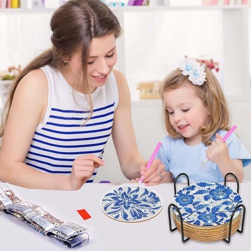 Blue Floral Chinoiserie Diamond Art Coasters, Diamond Painting Coaster Kit - Image 4