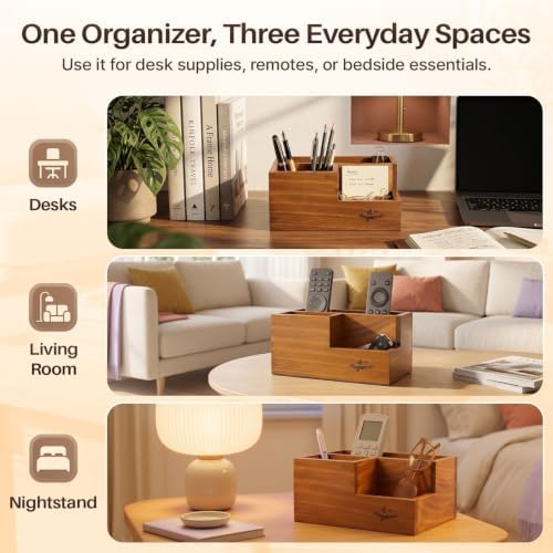 Flexzion Wood Pencil Holder for Desk, Tiered 3-Slot Remote Caddy Organizer - Image 6