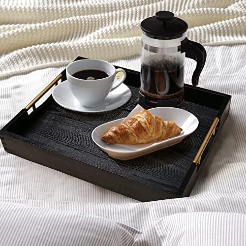 LotFancy 17x13 Inch Wood Serving Tray with Metal Handles, Black - Image 7