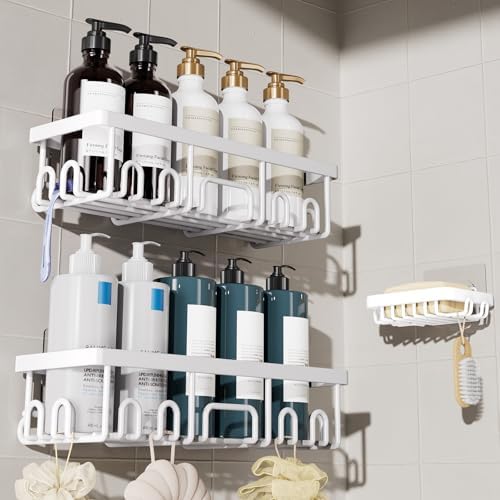 Veken Shower Caddy 3-Pack, Advanced Rustproof Design, No Drilling Adhesive Shelves, Rack with Soap Holder, Large Capacity Bathroom Organizers and Storage, Wall-Mounted Kitchen & Home Decor, White by Veken